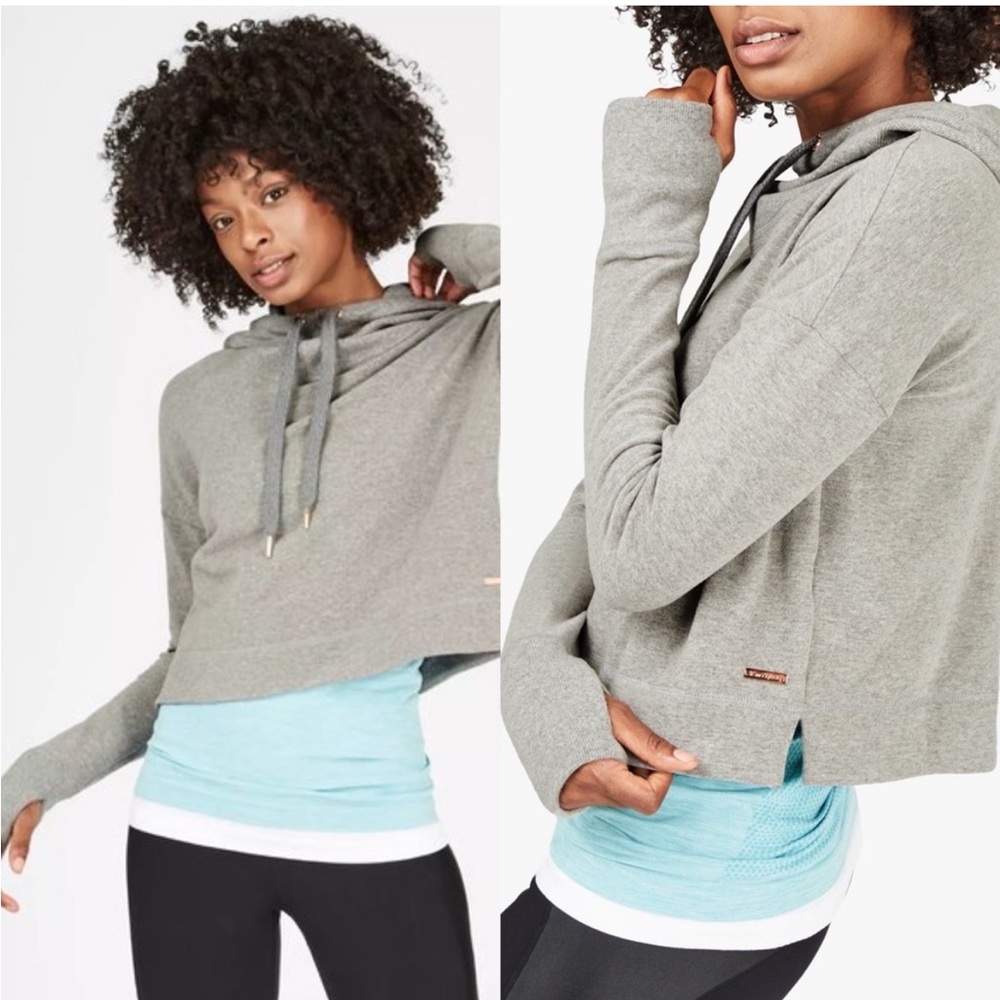 New Sweaty Betty Escape Luxe Fleece Cropped Hoodie Sweater Gray Large